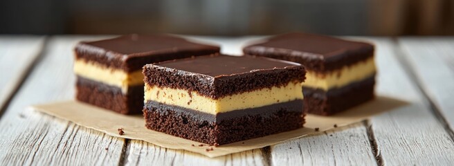 Three layered chocolate and cream dessert squares with glossy chocolate ganache on top displayed on rustic wooden surface