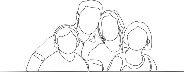 Happy family with two children in continuous line drawing style. United family portrait of parents with their daughter and son black linear sketch isolated on white background. Vector illustration