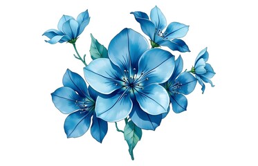 A vibrant digital  art cluster of blue flowers with green leaves on a white background. 