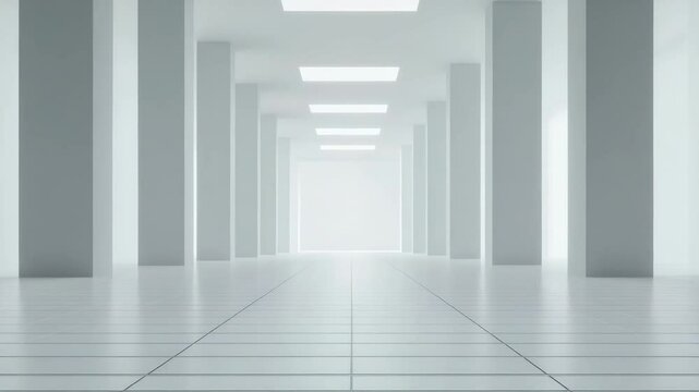 Modern empty corridor with white tiled floor and ceiling light, bright spacious interior featuring minimalistic design and clean lines in modern architectural space