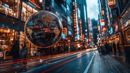 Futuristic Cityscape with Digital Globe and Urban Lights at Night