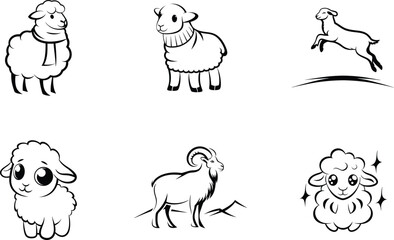 Collection of sheep character outlines black and white illustration vector file