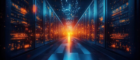Long corridor between two rows of glowing server racks in a futuristic data center with vibrant blue and orange lighting and a bright light at the end