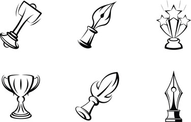 Elegant line art illustrations of trophies and antique pen nibs collection