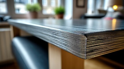 A layered material forms a planar surface on supports. Two potted plants are present in the background.