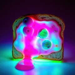 Colorful Melting Glowing Toast with Neon Effect, Abstract Food Art, Modern Food Illustration, Bright Neon Snack, Artistic Food Photography, Surreal Food Scene