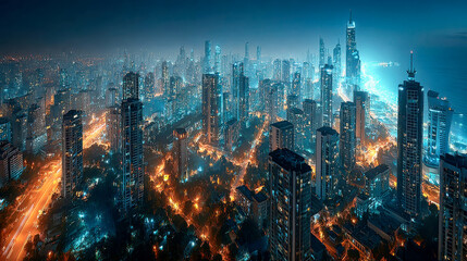 Obraz premium Futuristic cityscape at night with glowing data streams representing high-speed digital traffic on a smart road