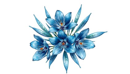 A cluster of vibrant blue flowers with elongated leaves, depicted in a delicate, artistic style. 