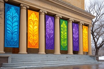 A peaceful protest scene with banners reading â€œJustice for All Nationsâ€