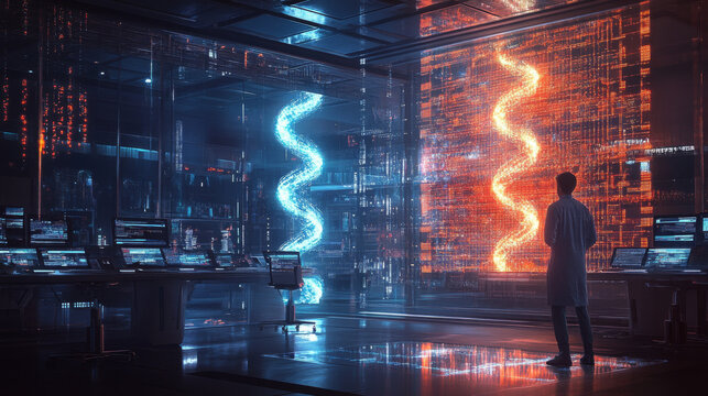 Biotechnology and genetic engineering visualized through a holographic DNA projection in a corporate setting