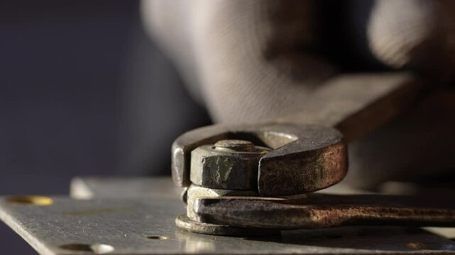 Loosening the nut using a wrench and a vise. Using old spanner wrench and clamp to remove nut from bolt, close up