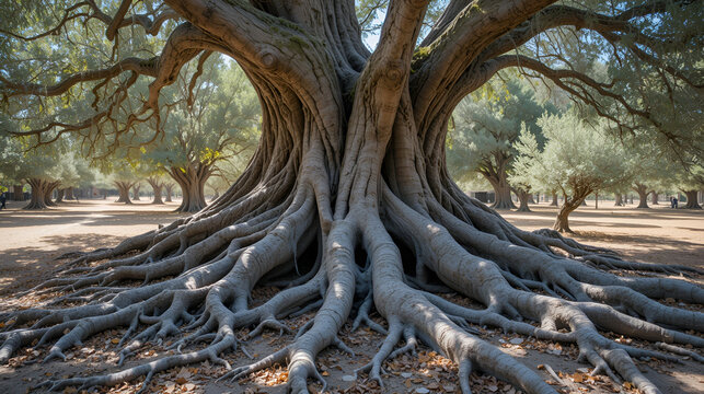 Weathered olive tree with roots visible on the ground, exposed root, ancient tree, tree