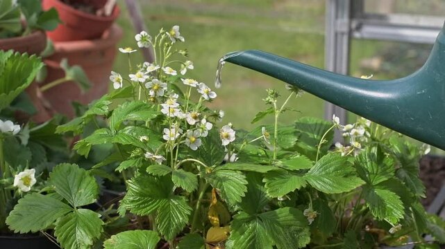 Pouring water on strawberry plants with beautiful white flowers
