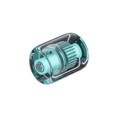 A futuristic mechanical device with intricate gears encased in transparent on transparent background