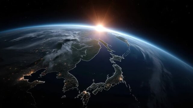 Sunrise over Earth showing Japan and Korean Peninsula with city lights glowing at night, space view of planet with atmosphere, ocean horizon, and stars creating stunning cosmic space atmosphere