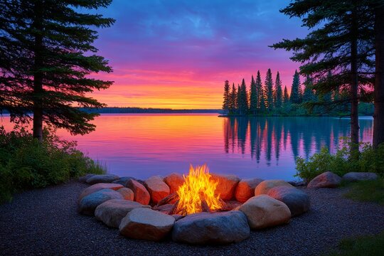 A sunset view of a quiet Canada Day campfire by a lake