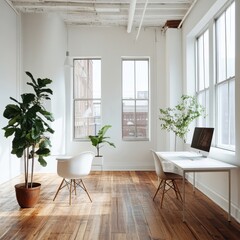 Fototapeta premium minimalist bright office space with large windows and plants
