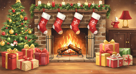 Stockings, Gifts, Decorated, Cozy Christmas Fireplace Scene with Presents and Christmas Tree
