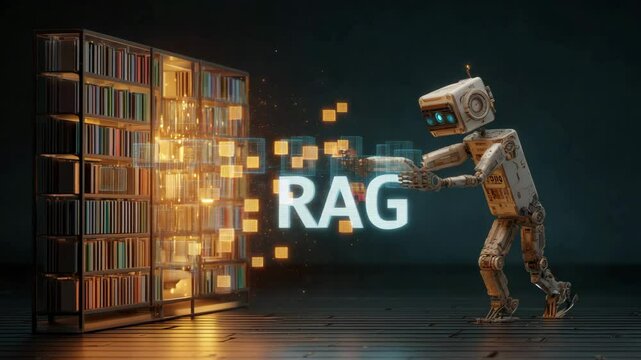 Robot librarian interacts with glowing floating book data blocks, representing Retrieval-Augmented Generation (RAG) in generative AI system