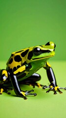 Obraz premium Portrait photo of cute Amazon Green and Black Poison Dart Frog with plain green background