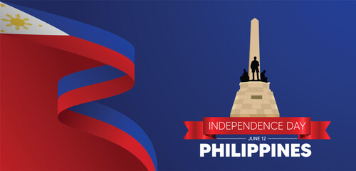 Philippines Independence Day 12 June flag ribbon with landmark vector poster