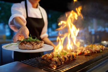 Chef flipping meat on hot BBQ grill, flames underneath
