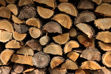 Firewood pile texture background. Woodpile on outdoors  ready for winter season