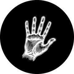 Naklejka premium Engraved depiction of an open human hand against a dark circular background