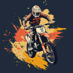 Motocross rider in protective gear jumping dirt bike with splattered paint background dynamic action sports vector illustration
