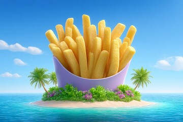 a 3d digital illustration of a floating french fry island with dipping pools and cartoon characters