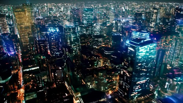 Vibrant night cityscape with dynamic lighting and highrise buildings in motion