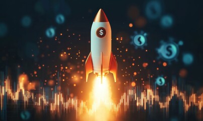 Financial rocket launching, upward trend, digital background, success concept