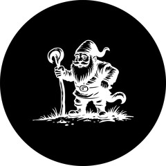 Monochrome gnome illustration within a circular frame against a dark background
