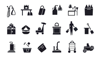 Set of 20 black solid cleaning service icons including spray bottle, cleaning products, apron, detergent, mop bucket, vacuum cleaner, brooms, dustpan, and laundry symbols in flat minimalist style