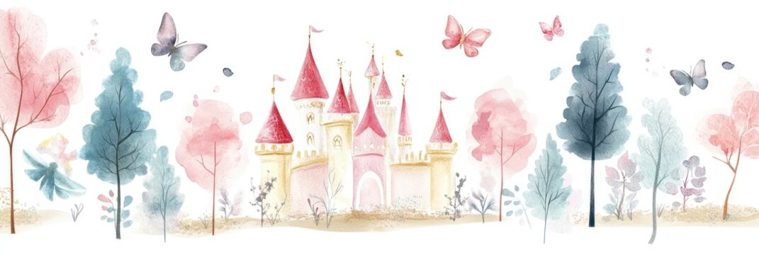 Watercolor illustration of a castle and trees in a whimsical forest scene, featuring pastel colors and flying butterflies
