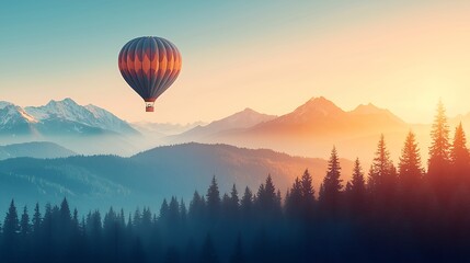 Hot air balloon adventure over mountain range shrouded in mist at sunset