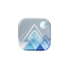 A serene mountain landscape reflected in a shimmering glass icon conveying on transparent background