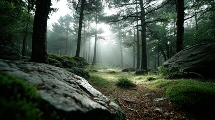 Obraz premium Ethereal woodland scene featuring sunlight filtering through the misty forest