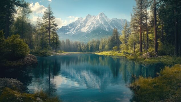 Serene mountain lake scene. Sunlight reflects on still water, surrounded by lush forest and snow-capped peaks