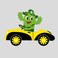 Cactus summer vacation – cartoon character driving a yellow car