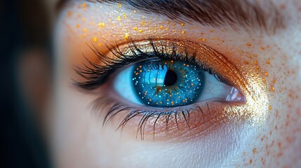 Fototapeta premium Closeup colorful human eye with vibrant paint splatter, artistic macro photography, creative makeup, vivid detail, expressive visual, modern abstract design, 32k Resolution