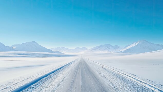 Wide snowy road stretches into distant mountains under a vibrant blue sky