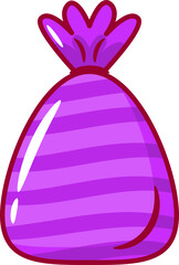 A cartoon illustration of a wrapped candy with stripes. The color scheme is purple and pink. Suitable for illustrating sweet treats and sugary goods.