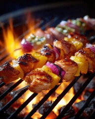 Close-up of kebab skewers on charcoal BBQ