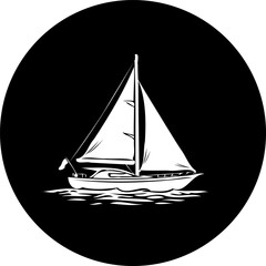 Monochromatic sailing vessel illustration against black circle backdrop