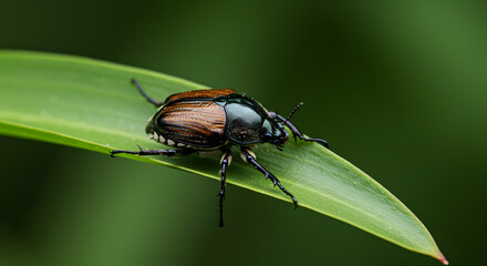 Naklejka premium Insect, Bug, Macro, Japanese Beetle on a Green Leaf