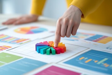 A close-up of a hand pointing at colorful pie charts and graphs in a professional workspace, symbolizing data analysis.