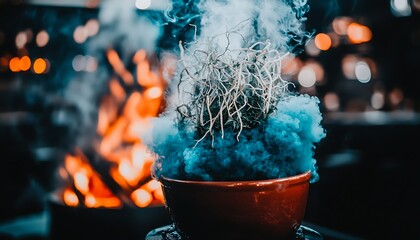 Close-up view of fresh herbs and roots bubbling in a terracotta pot with vibrant steam over glowing firewood.