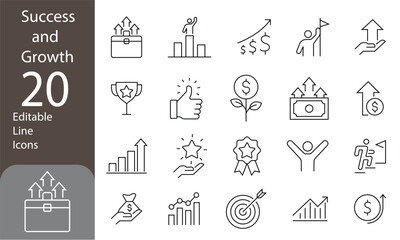Success and Growth Editable Line Icons Set. personal, professional, and financial growth, progress, career. business icons. Vector illustration