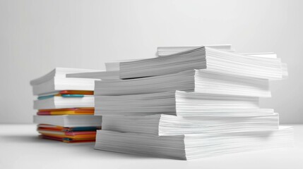A stack of blank paper sheets and colorful documents on a clean desk, ideal for office and workspace themes.
